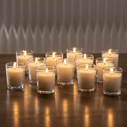 Housecret 120 Pack Warm White Unscented Clear Glass Filled Votive Candles. Hand Poured Wax Candle Ideal Gifts for Aromatherapy Spa Weddings Birthdays Holidays Party - size: 120 Pack