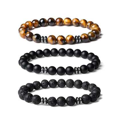 Mens Beaded Bracelets, 8MM Beaded Bracelets for Men, Natural Tiger Eye Bead Bracelet, Stretch Elastic Beads Bracelets for Men - color: 3 tiger eye black agate volcanic