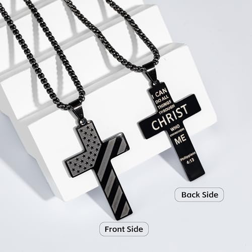 American Flag Cross Necklace for Men, Christian Confirmation Baptism Gifts - color: Black, style: Philippians 4:13