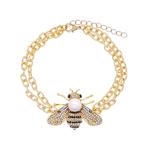 Honey Bee Brooches Crystal Insect Themed Bee Brooch Animal Fashion Shell Pearl Brooch Pin Gold Tone - color: White Pearl Chain