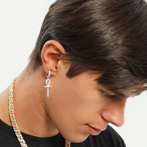 TOPGRILLZ Cross Hoop Dangle Earrings 925 Sterling Silver 5A+ Cubic Zirconia 14K Gold Hypoallergenic Cross Hoop Cuff Huggie Drop Earrings For Men Women - color: Ankh Silver