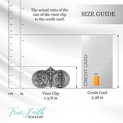 True Faith Jewelry Pewter Jesus Crucifix, Miraculous Mary and St Christopher Visor Clip for Car, Patron Saint of Travelers, Gift for New Driver, Fine Pewter (92% Tin), 1-3/8 x 2-3/8 Inch - size: Crucifix 1