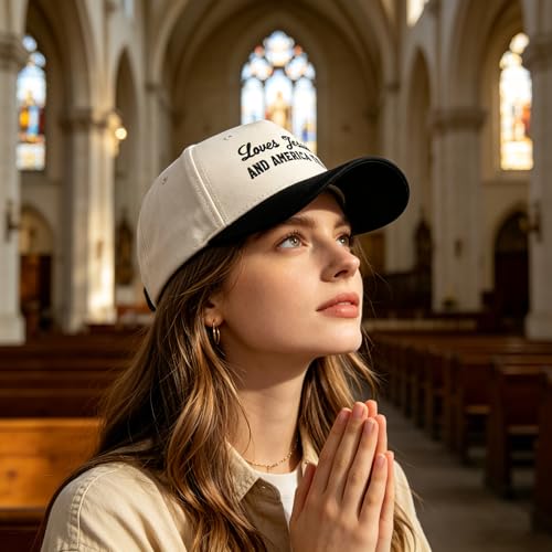 Embroidered Christian Two-Tone Baseball Cap for Men & Women, Adjustable Dad Hat Christmas Easter Gift - color: Loves Jesus and America Too, Black/Beige