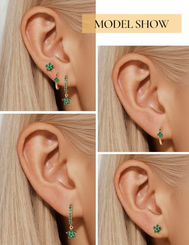 Angelady Gold Hoop Earrings Set for Women, Dainty 14K Gold Plated Flower Moon Cross Dangle Earrings, Hypoallergenic Huggie Hoop Earring Stacks, Stud Earrings for Women Trendy Jewelry Gift - color: Gold Green CZ