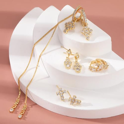 Gold Earrings Set for Women 14K Gold Plated Cubic Zirconia Love Heart Bowknot Clover Fruit Flower Insect Ocean Cross Huggie Hoop Earrings Stud Earrings Set for Multiple Piercing Party Jewelry Gifts - style: Cross