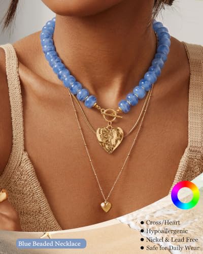 ZHESHY Chunky Beaded Necklaces for Women Heart Cross Statement Necklace - color: Blue 3