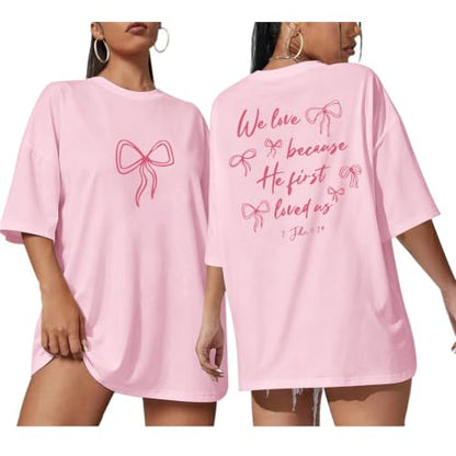 Christian Faith Bow Shirts for Women Cute Coquette Shirt Jesus Religious Tshirts Bible Verse Oversized Graphic Tee - color: Pink, size: XX-Large