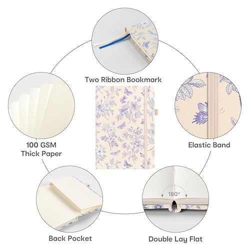 &And Per Se Dotted Journal Notebook, A5 Hardcover Aesthetic Dotted Notebook – 160 Pages 100gsm Thick Dot Grid Paper, 3 Sticker Sheets – Gift-Ready Journaling Kit for Women (Blue Flowers) - color: b.Blue Flowers, style: Dotted with Pattern
