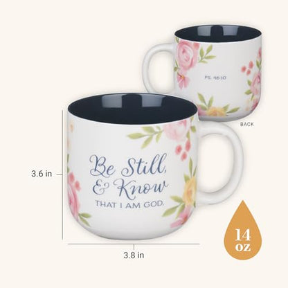 Christian Art Gifts Inspiring Ceramic Coffee Mug for Women: Psalm 46:10 - color: Be Still/White & Navy, size: 14 Ounces