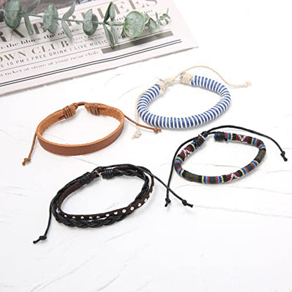 HZMAN Handmade Hemp Cords Wood Beads Leather Bracelets for Men Women - style: Blue Hemp Rope