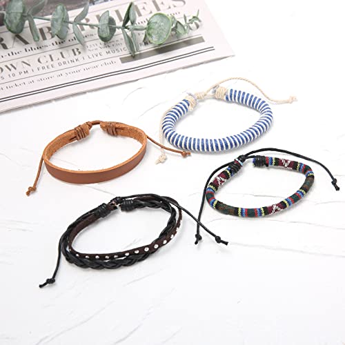 HZMAN Handmade Hemp Cords Wood Beads Leather Bracelets for Men Women - style: Blue Hemp Rope