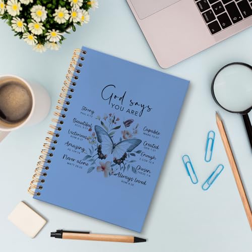 huester Inspirational Christian Butterfly Notebook Journal, God Says You Are Bible Scripture Blue Journal Notebooks for Note Taking, Bible Journaling Hardcover Paper Spiral Notebook, 5.5x8.3 Inch - color: blue