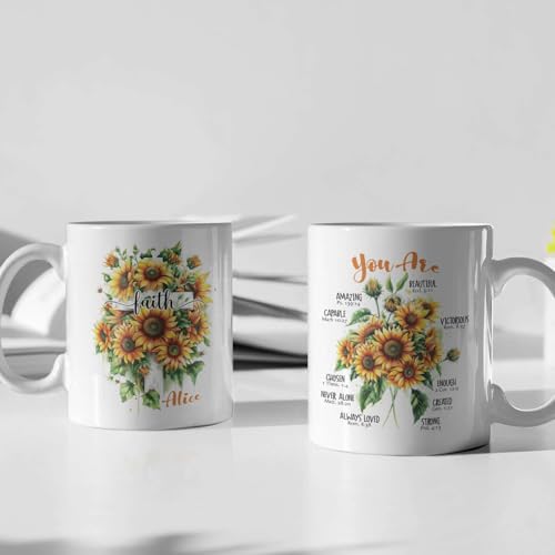 Faith Cross With Sunflowers Design On Mug, Personalized Christian Ceramic Cup, Custom Name Coffee Mug 15oz, Inspirational Bible Verses White Cup, Religious Gift For Friend Family - color: XUA-624-2301-Faith Cross