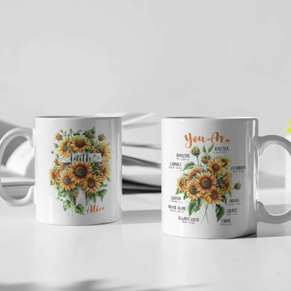 Faith Cross With Sunflowers Design On Mug, Personalized Christian Ceramic Cup, Custom Name Coffee Mug 15oz, Inspirational Bible Verses White Cup, Religious Gift For Friend Family - color: XUA-624-2301-Faith Cross