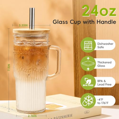 JunVpic Glass Tumbler, 24 oz Ice Coffee Cups with Bamboo Lid and Handle - color: Clear-Boho Pattern, size: 24oz
