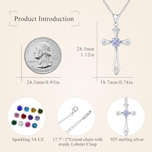 Cross Necklace for Women,925 Sterling Silver Faith Jewerly Gift - color: 06-June-Alexandrite