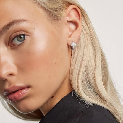 14K Gold Huggie Earrings for Women Silver Huggie Hoop Earrings Cubic Zirconia Huggie Earrings Stud Earrings Lightweight Dainty Hypoallergenic Earrings Jewelry Gifts - color: Silver Cross CZ Huggie Earrings