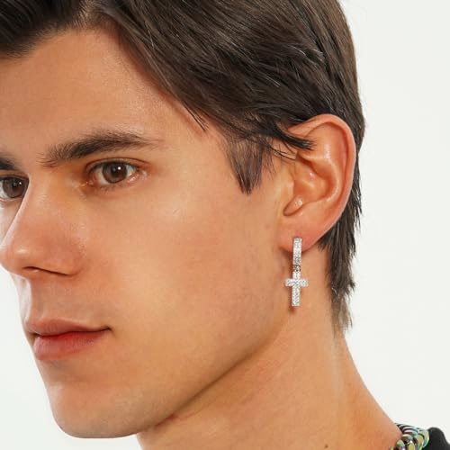 TOPGRILLZ Cross Hoop Dangle Earrings 925 Sterling Silver 5A+ Cubic Zirconia 14K Gold Hypoallergenic Cross Hoop Cuff Huggie Drop Earrings For Men Women - color: Cross 2 Silver