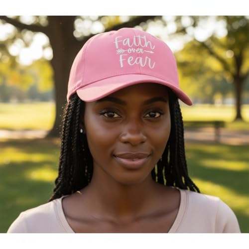 Faith Over Fear Christian Hats, Embroidered Baseball Caps for Adults - color: Pink White