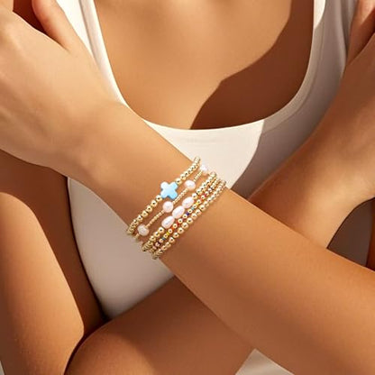 Gold Pearl Beaded Cross Bracelets Stack Set for Women, Boho Handmade Colorful Small Beads Stretchable Jewelry Friendship Summer Trendy Gift. - color: blue