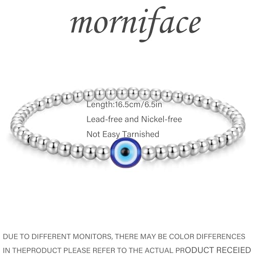 morniface Beaded Bracelet for Women, Handmade Stretch Bracelet with Charms, Dainty Stackable and Trendy Jewelry Gift - style: Silver Beaded-Evil Eye