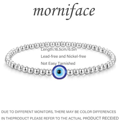 morniface Beaded Bracelet for Women, Handmade Stretch Bracelet with Charms, Dainty Stackable and Trendy Jewelry Gift - style: Silver Beaded-Evil Eye