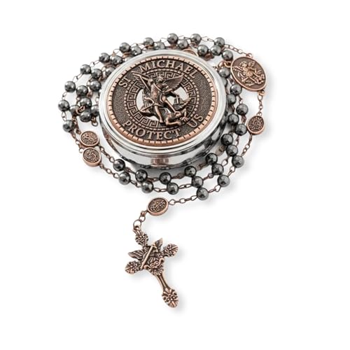 Nazareth Store St Michael Rosary Hematite Stone Beads Necklace Metal Beaded Glory Beads Archangel Medal & Cross with Metal Gift Box - color: Copper | St.Michael Cross