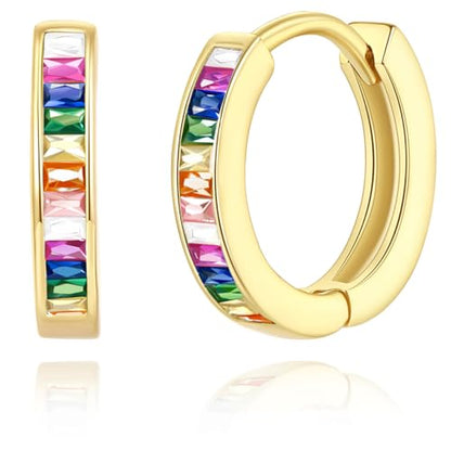 14K Gold Huggie Earrings for Women Silver Huggie Hoop Earrings Cubic Zirconia Huggie Earrings Stud Earrings Lightweight Dainty Hypoallergenic Earrings Jewelry Gifts - color: Gold Rainbow CZ Huggies