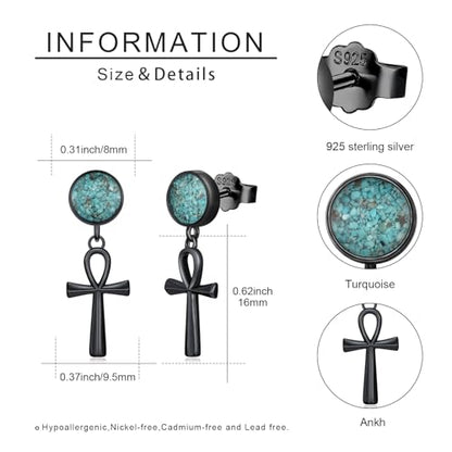 Black Dangle Drop Earrings 925 Sterling Silver Turquoise Earrings Jewelry Gifts for Women Men - style: Ankh