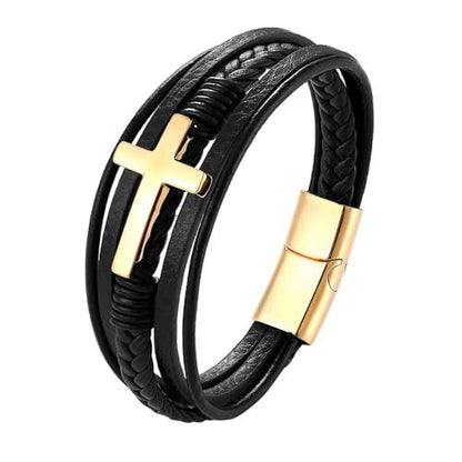 Fahonie Cross Leather Bracelet for Men Women 316L Stainless Steel with 18K Gold Plated Christ Jesus Multi-layer Handmade Christian Bracelet,7.5/8/9 Inches - color: Gold