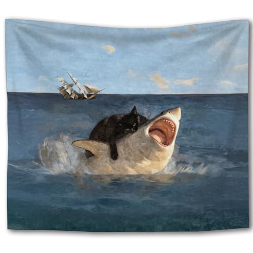 Foritho Fat Black Cat vs. Shark Tapestry, Vintage Renaissance Funny Cat Meme Tapestry Wall Hanging, Nautical Ocean Shark Wall Tapestries for Bedroom Living Room Home Decor, 50x60 Inch - color: Color 06