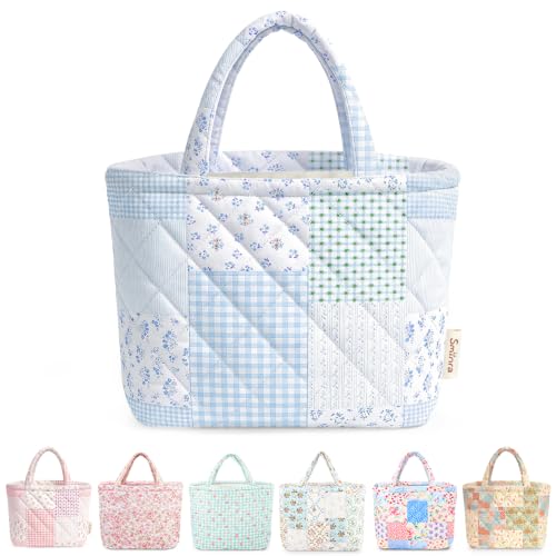 Sminra Small Bible Tote Bag for Women, Corduroy or Quilted Mini Tote Bag - color: Light Blue Collage Floral