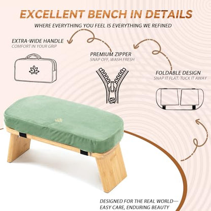 Bamboo Meditation Bench, Foldable Prayer Stool (Green-Bag) - color: Green-bag