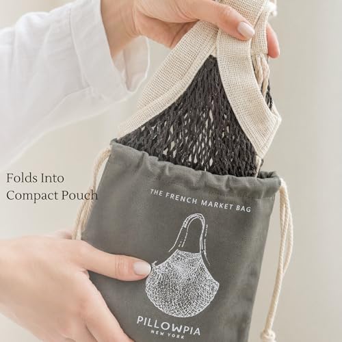 PILLOWPIA French Market Bag – Organic Cotton Tote, Handcrafted Adjustable Strap, Eco-Friendly 12-15" Farmers Market Carrier - color: Iron