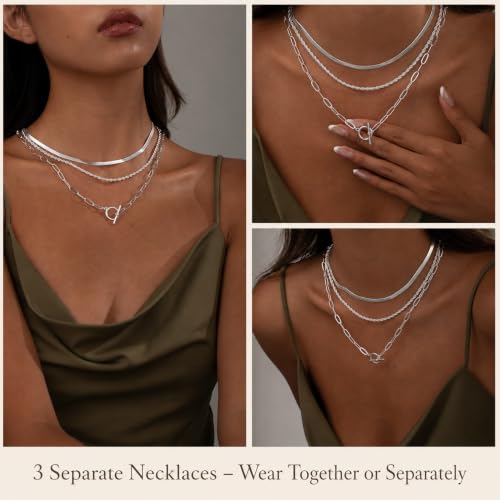 Freekiss 3-Piece Layered Toggle Necklace for Women - color: 3-Piece Paperclip Silver
