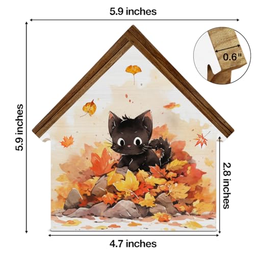 Cute Fall Decor, Black Cat Maple Leaves House Shaped Wood Sign - color: Cat