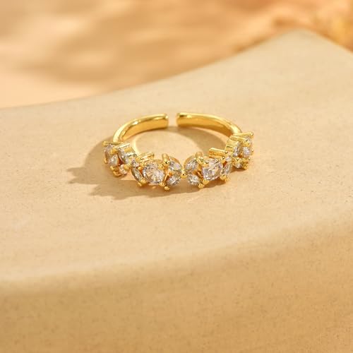 18K Gold Plated Cubic Zirconia Adjustable Open Rings for Women - color: 4 Leaf CZ