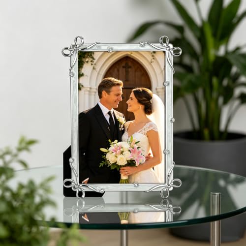 Classic Home Collection Silver Photo Frame, 4x6 Inch, Bow Accents with Crystal, Decorative Picture Frame (Silver) - color: Silver