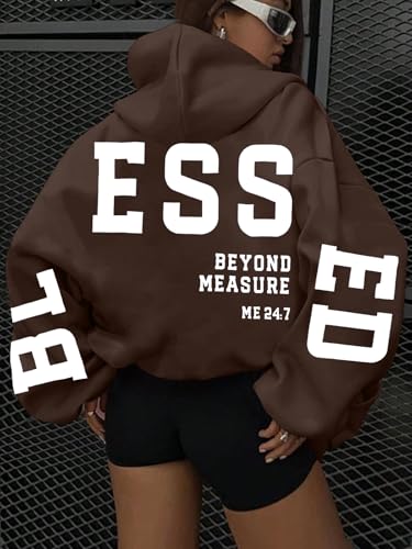 Christian Hoodies Women Blessed Sweatshirts Jesus Religious Sayings Sweater - color: Brown, size: XX-Large