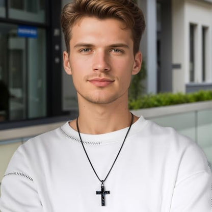 Wooden Cross Necklace for Men With Stainless steel And Black Ebony Adjustable Box Chain 24–26 inches Suitable for Everyday Wear And Christian Gifts for Men - color: Black-F