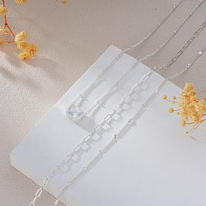 3PCS Gold Silver Layered Necklaces for Women Trendy - color: Silver&Square