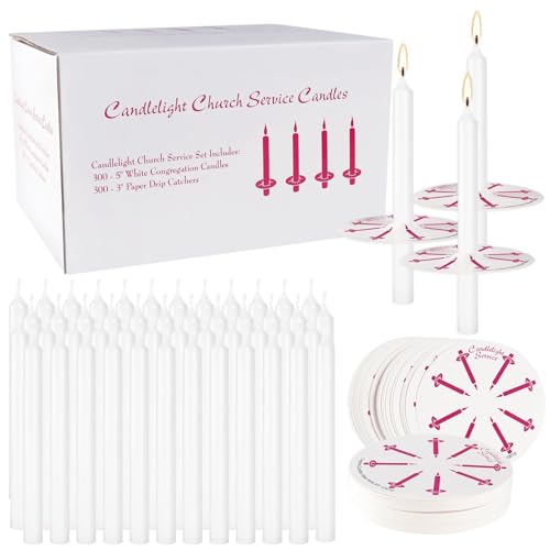 300 Pieces 5-Inch White Unscented Taper Candles with Drip Protectors for Church, Prayer, Shabbat, and Vigil Use - color: White, size: 300 pack