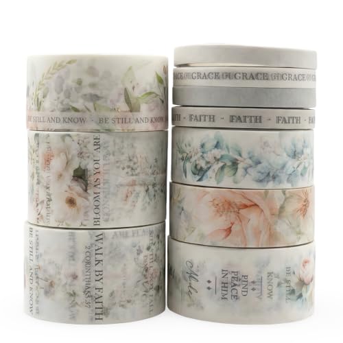 Bible Journaling Washi Tape Set for Women – 10 Rolls Floral Faith Theme Washi Tape with Scripture Verse & Christian Words, Decorative Tape for Planner, Prayer Journal Supplies (10)
