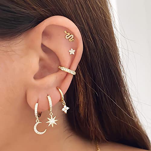 DAILY VIBES Cute Gold Mini Dangle Huggie Hoop Earrings for Women Trendy - color: Small Flower CZ