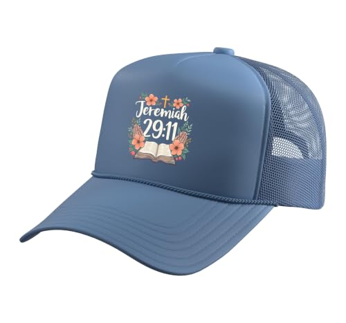 Jeremiah 29:11 Bible Verse Flowers Christian Faith Women Trucker Hat with Adjustable Mesh Back - color: Light Blue