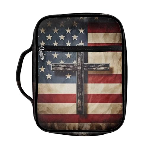 Suobstales American Flag Cross Print Bible Cover Bible Case for Women Men Lightweight Carrying Book Cover Church Bag Bible Protective Bag with Handle and Zippered Pocket - color: American Flag Cross 2