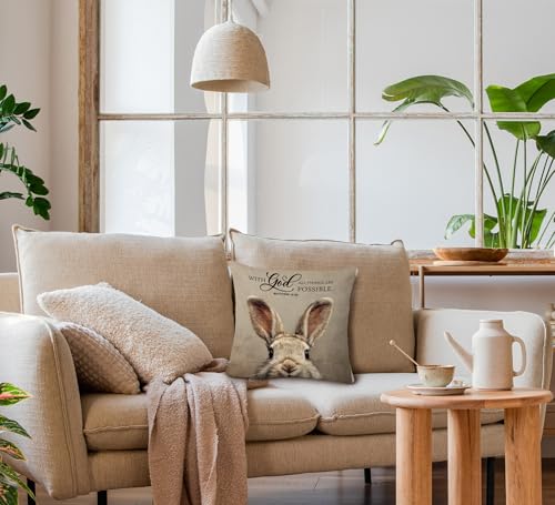 huester Easter Bunny Christian Pillow Cover 18x18, Easter Bunny Decor, with God All Things are Possible Bible Verse Decorative Throw Pillow Cover Pillowcases for Home Bedroom Living Room Decor