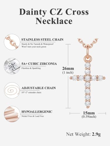 U7 Cross Necklace for Women,CZ Cross Pendant Necklace 18"+2" - color: Rose Gold