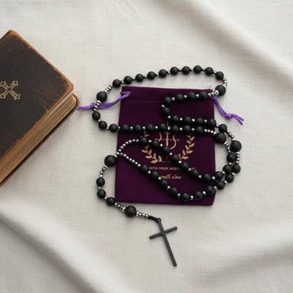 Nazareth Store Jasper Rosary Necklace – Catholic Handmade Rosary with Stone Beads, Hematite Spacers, and Black Alloy Cross – Durable Prayer Beads for Men and Women - color: Black onyx