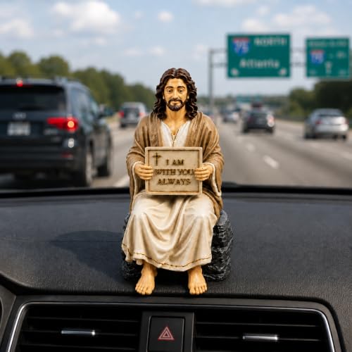Jesus Christ Peaceful Seated Statue | 5 Inch Handcrafted Jesus Resin Figurine with I Am with You Always Plaque | Christian Home Décor Jesus Resin Idol for Home, Prayer Corner, Altar & Gifting